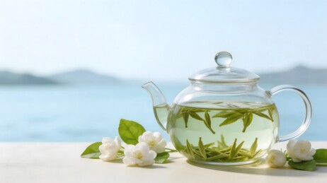 玻璃茶壶泡绿茶配茉莉花