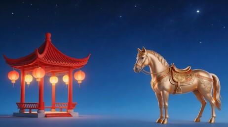 夜空下的红色亭子与金色马雕