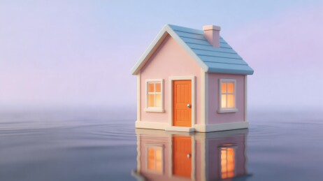 粉色小屋水边倒影