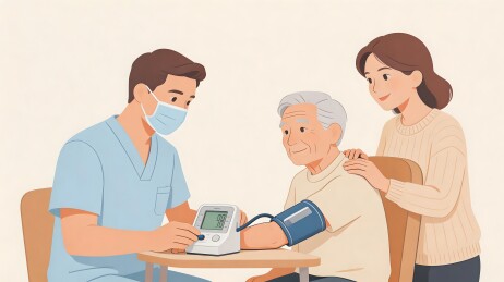 医生为老人测量血压家人陪伴