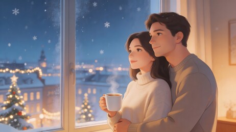 情侣窗边赏雪温馨画面