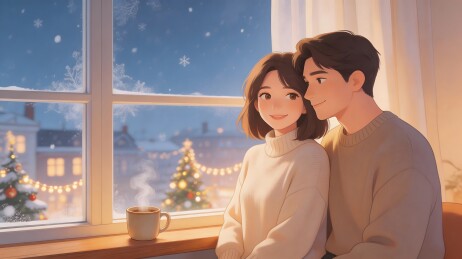 情侣窗边赏雪温馨画面