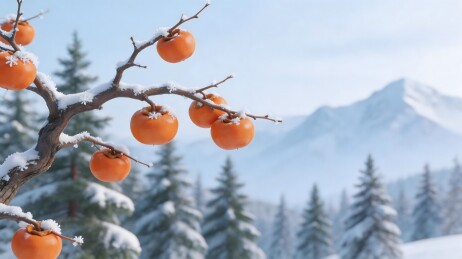 雪挂柿子冬日山景