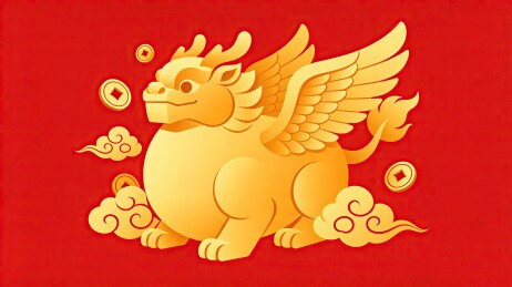 金色貔貅圆身双翼祥纹红底国潮插画