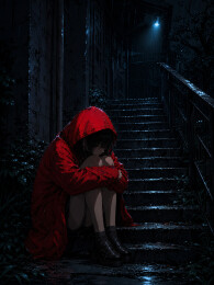 雨夜楼梯独坐女孩