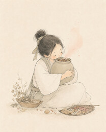 古装女子抱药罐闻香插画