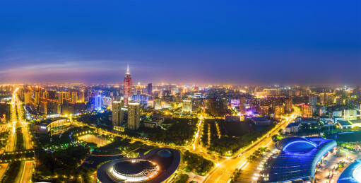 航拍常州新北区蓝调城市天际线夜景全景
