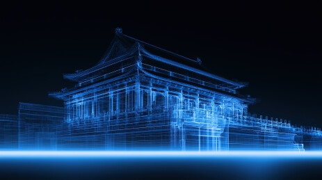 蓝色线框古建筑三维模型