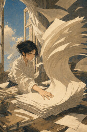 风吹书页时女子按住稿纸