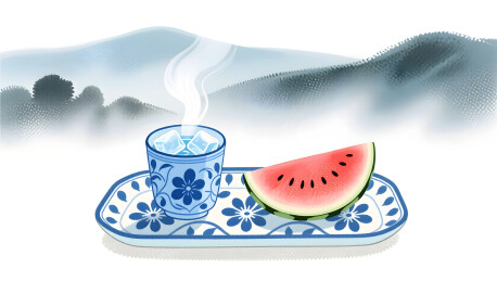 大暑蓝瓷冰饮远山插画
