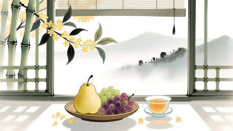 立秋竹窗果影远山插画
