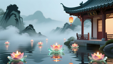 中元节古风祈福放河灯唯美插画