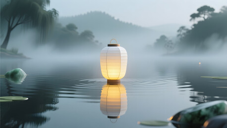 中元节晨雾湖面白色河灯祈福