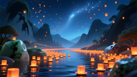 中元节山谷河流千万河灯祈福