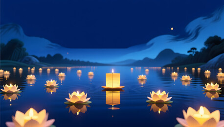 中元节江面纸灯烛光思念夜景