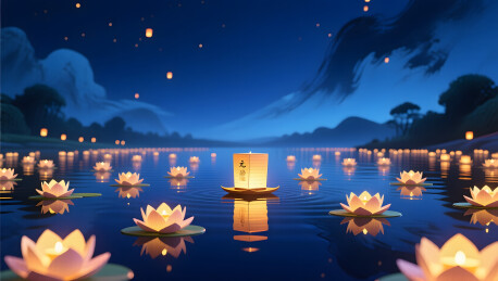中元节江面纸灯祈福思念夜景