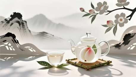 茶饮白桃冷泡花影插画
