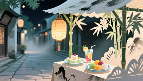 夜市竹灯甜摊花影插画