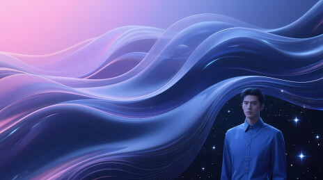 蓝衣青年与梦幻星云背景