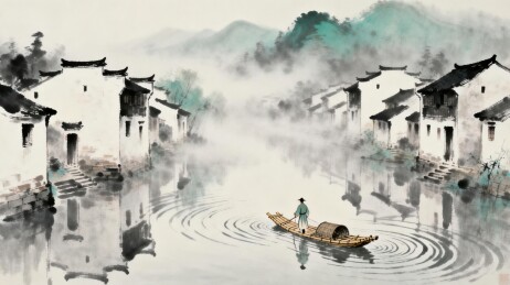 水墨江南水乡小舟