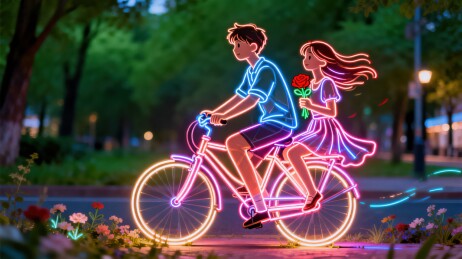 情侣骑自行车夜景