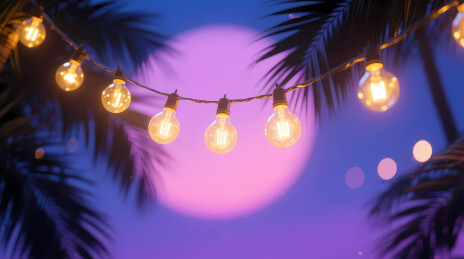 棕榈叶间暖灯映梦幻夜空
