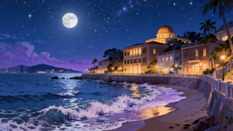 月夜海滨建筑风光
