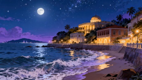 月夜海滨建筑风光