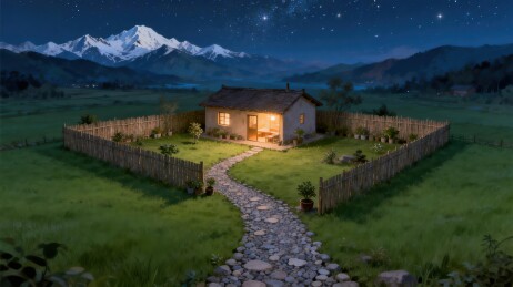 夜景小屋与雪山草原