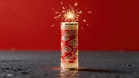 红色背景下的点燃烟花筒