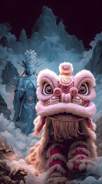 远山古寺粉绒醒狮礼敬观音石像国风禅意幻境