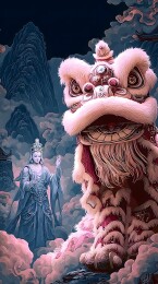 远山古寺粉绒醒狮礼敬观音石像国风禅意幻境