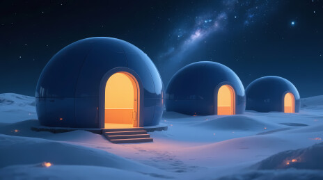 雪夜星空下的三座暖光圆顶屋