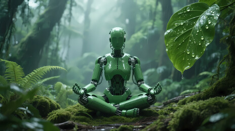 翠绿机器人静坐青苔丛林