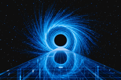 霓虹蓝色隧道通往宇宙黑洞