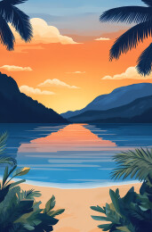 热带海滩日落景观插画