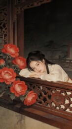女子倚栏赏花