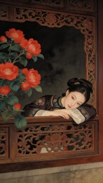 古典女子倚窗赏花