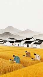 田野收割农耕场景