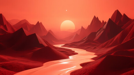 炽红落日下的异星山谷河流