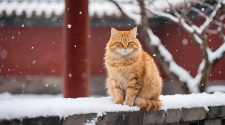 橘猫坐雪墙红影朦胧