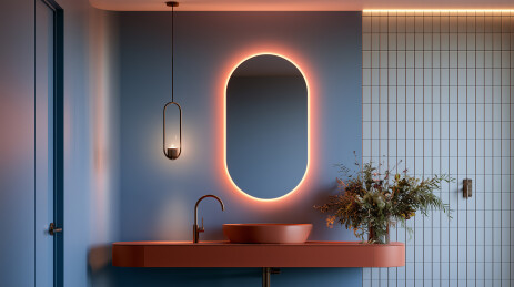 蓝墙陶土台圆镜浴室景   