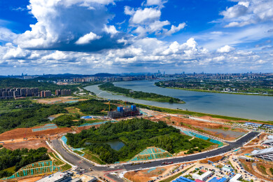 航拍湖南长沙奥体新城施工建设现场