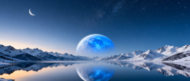 宁静水面的星球和雪山科技感背景