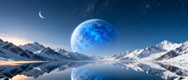 宁静水面的星球和雪山科技感背景