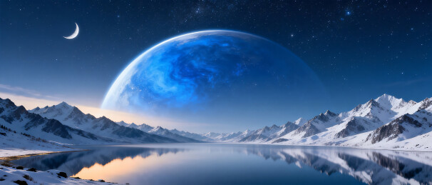 宁静水面的星球和雪山科技感背景