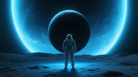 宇航员伫立月面凝望蓝色星环
