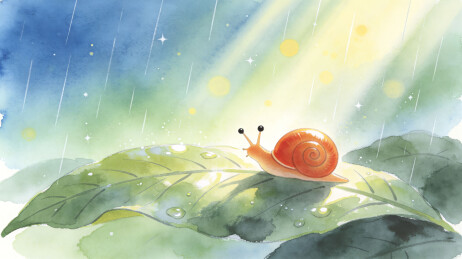雨中蜗牛静卧绿叶之上