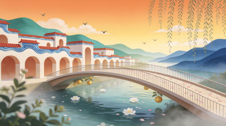 国潮风景插画 拱形石桥