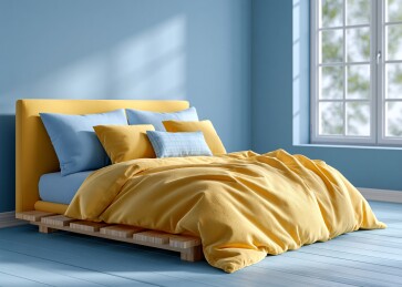 蓝色卧室黄色床品